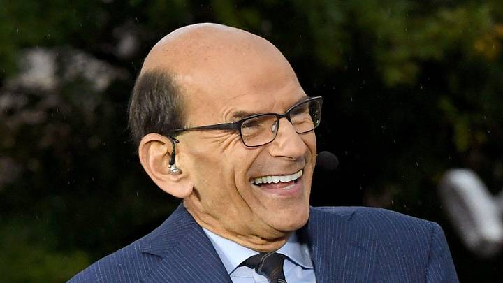 SEC Nation's Paul Finebaum laughing on set. 