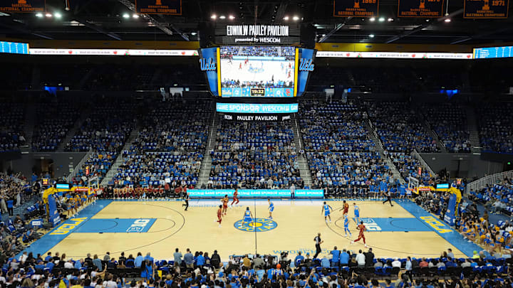 Mar 8, 2025; Los Angeles, California, USA; A general overall view of Pauley Pavilion presented by Wescom during a game between the UCLA Bruins and the Southern California Trojans. Mandatory Credit: Kirby Lee-Imagn Images
