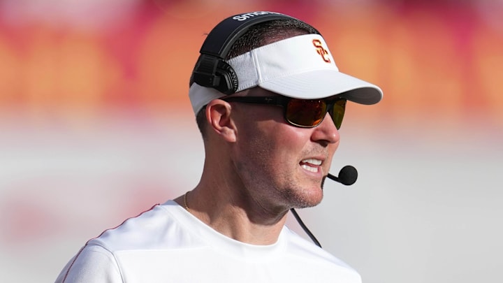 Nov 30, 2024; Los Angeles, California, USA; Southern California Trojans head coach Lincoln Riley reacts against the Notre Dame Fighting Irish in the second half at United Airlines Field at Los Angeles Memorial Coliseum. Mandatory Credit: Kirby Lee-Imagn Images