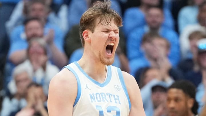 Dec 7, 2025; Chapel Hill, North Carolina, USA; North Carolina Tar Heels center Henri Veesaar (13) reacts after scoring in the first half at Dean E. Smith Center. Mandatory Credit: Bob Donnan-Imagn Images