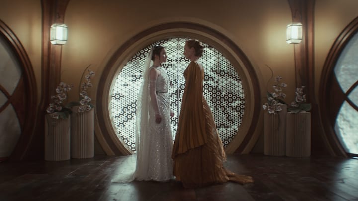 (L-R) Leida Mothma (Bronte Carmichael) and Mon Mothma (Genevieve O'Reilly) in Lucasfilm's Star Wars ANDOR Season 2, exclusively on Disney+. Photo courtesy of Lucasfilm. ©2025 Lucasfilm Ltd. & TM. All Rights Reserved.