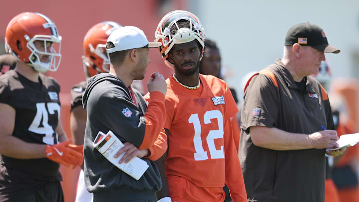 May 10, 2025; Berea, OH, USA; Cleveland Browns quarterback Shedeur Sanders (12) waits his turn for a drill during rookie minicamp at CrossCountry Mortgage Campus. 