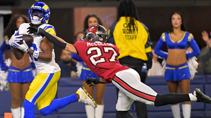 Nov 23, 2025; Inglewood, California, USA; Los Angeles Rams wide receiver Davante Adams (17) gets past Tampa Bay Buccaneers cornerback Zyon McCollum (27) for a touchdown pass at SoFi Stadium. Mandatory Credit: Jayne Kamin-Oncea-Imagn Images