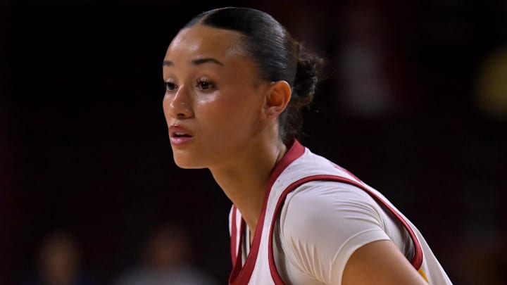 Jan 29, 2026; Los Angeles, California, USA; USC Trojans guard Jazzy Davidson (9) warms up prior to the game against the Iowa Hawkeyes at Galen Center. Mandatory Credit: Jayne Kamin-Oncea-Imagn Images Jan 29, 2026; Los Angeles, California, USA; USC Trojans guard Jazzy Davidson (9) warms up prior to the game against the Iowa Hawkeyes at Galen Center. Mandatory Credit: Jayne Kamin-Oncea-Imagn Images