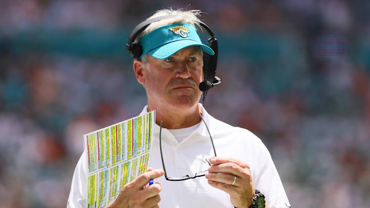 Sep 8, 2024; Miami Gardens, Florida, USA; Jacksonville Jaguars head coach Doug Pederson looks on from the sideline against the Miami Dolphins during the first quarter at Hard Rock Stadium. Mandatory Credit: Sam Navarro-Imagn Images