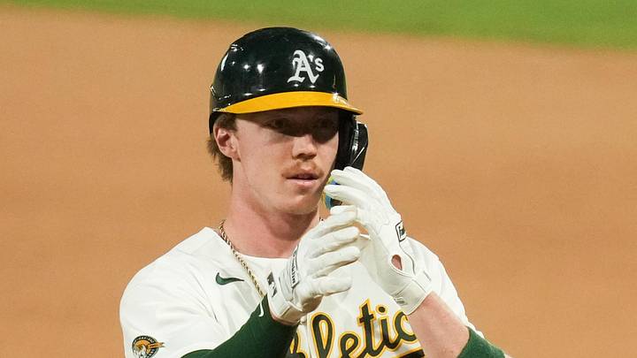 Jun 12, 2026; Summerlin, Nevada, USA; Athletics center fielder Henry Bolte (33) reacts after hitting a single during the eighth inning against the Colorado Rockies at the Las Vegas Ballpark. Mandatory Credit: Lucas Peltier-Imagn Images