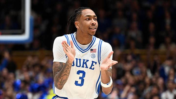 Jan 26, 2026; Durham, North Carolina, USA; Duke Blue Devils forward Isaiah Evans (3) reacts after scoring during the first half against the Louisville Cardinals at Cameron Indoor Stadium. Mandatory Credit: Rob Kinnan-Imagn Images Jan 26, 2026; Durham, North Carolina, USA; Duke Blue Devils forward Isaiah Evans (3) reacts after scoring during the first half against the Louisville Cardinals at Cameron Indoor Stadium. Mandatory Credit: Rob Kinnan-Imagn Images