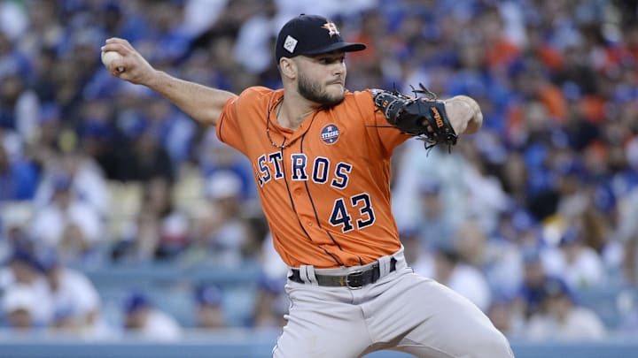 Houston Astros starting pitcher Lance McCullers Jr. throws a pitch against the Los Angeles Dodgers in the 2017 World Series. 
