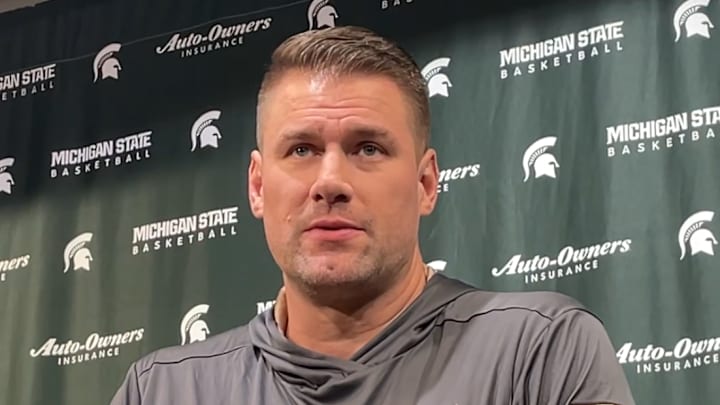 Former Michigan State basketball player Paul Davis apologizes for making an inappropriate comment to an official during a press conference at the Breslin Center on Tuesday, Jan. 6, 2026.