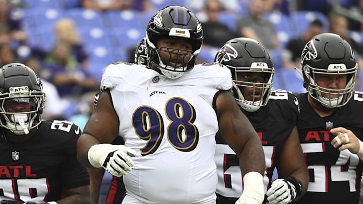 Aug 17, 2024; Baltimore, Maryland, USA; Baltimore Ravens defensive tackle Travis Jones (98) reacts during the first half against the Atlanta Falcons at M&T Bank Stadium. Mandatory Credit: Tommy Gilligan-Imagn Images Aug 17, 2024; Baltimore, Maryland, USA; Baltimore Ravens defensive tackle Travis Jones (98) reacts during the first half against the Atlanta Falcons at M&T Bank Stadium. Mandatory Credit: Tommy Gilligan-Imagn Images