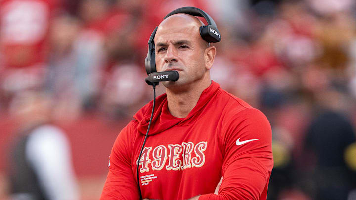 August 23, 2025; Santa Clara, California, USA; San Francisco 49ers defensive coordinator Robert Saleh before the game against the Los Angeles Chargers at Levi's Stadium. Mandatory Credit: Kyle Terada-Imagn Images