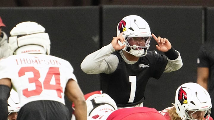 Arizona Cardinals quarterback Kyler Murray (1) during training camp at State Farm Stadium in Glendale on July 24, 2025.