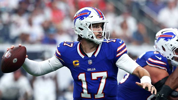 Sep 13, 2026; Houston, Texas, USA;  Buffalo Bills quarterback Josh Allen (17) drops back for a pass during the first quarter against the Houston Texans at Reliant Stadium.  Mandatory Credit: Troy Taormina-Imagn Images