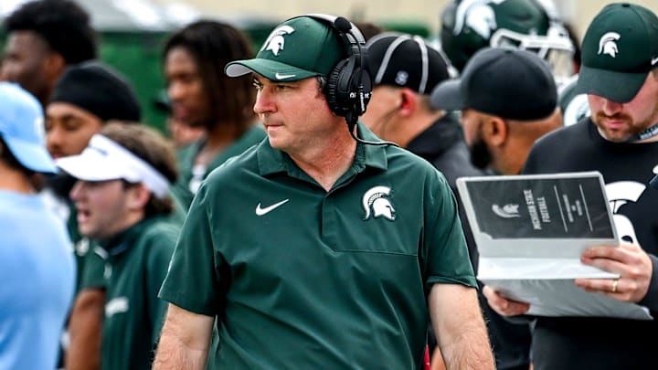 Michigan State's head coach Jonathan Smith looks on from the sideline during the second quarter in the game against Youngstown State on Saturday, Sept. 13, 2025, at Spartan Stadium in East Lansing.