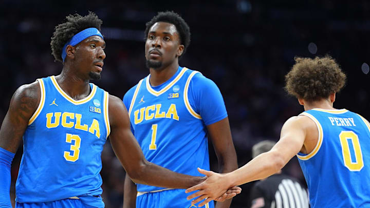Mar 22, 2026; Philadelphia, PA, USA; UCLA Bruins forward Eric Dailey Jr. (3) reacts against the UConn Huskies in the first half during a second round game of the men's 2026 NCAA Tournament at Xfinity Mobile Arena. Mandatory Credit: Kyle Ross-Imagn Images