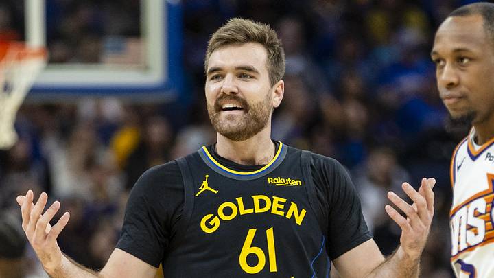 Dec 20, 2025; San Francisco, California, USA; Golden State Warriors guard Pat Spencer (61) reacts during the third quarter against the Phoenix Suns at Chase Center. Mandatory Credit: John Hefti-Imagn Images