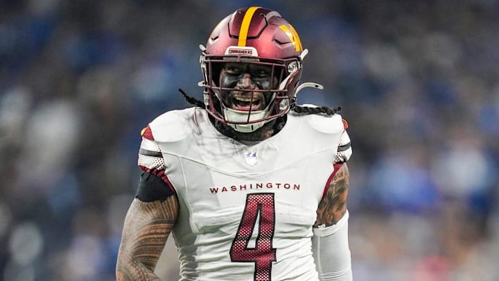 Washington Commanders linebacker Frankie Luvu (4) smiles after a play in the first half against the Detroit Lions in the NFC divisional round at Ford Field in Detroit on Saturday, Jan. 18, 2025.