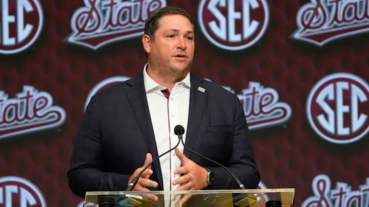 Mississippi State head coach Jeff Lebby speaks in the Main Media Room during SEC Media Days at the College Football Hall of Fame in Atlanta.