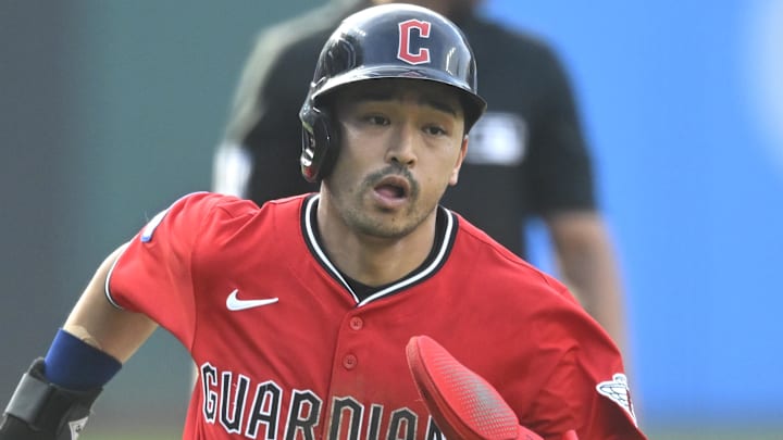 Jun 25, 2025; Cleveland, Ohio, USA; Cleveland Guardians left fielder Steven Kwan (38) rounds third base before scoring in the first inning against the Toronto Blue Jays at Progressive Field. Mandatory Credit: David Richard-Imagn Images Jun 25, 2025; Cleveland, Ohio, USA; Cleveland Guardians left fielder Steven Kwan (38) rounds third base before scoring in the first inning against the Toronto Blue Jays at Progressive Field. Mandatory Credit: David Richard-Imagn Images