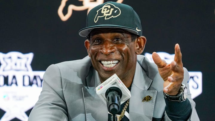 Jul 9, 2025; Frisco, TX, USA; Colorado head coach Deion Sanders speaks with the media during 2025 Big 12 Football Media Days at The Star. Mandatory Credit: Raymond Carlin III-Imagn Images Jul 9, 2025; Frisco, TX, USA; Colorado head coach Deion Sanders speaks with the media during 2025 Big 12 Football Media Days at The Star. Mandatory Credit: Raymond Carlin III-Imagn Images