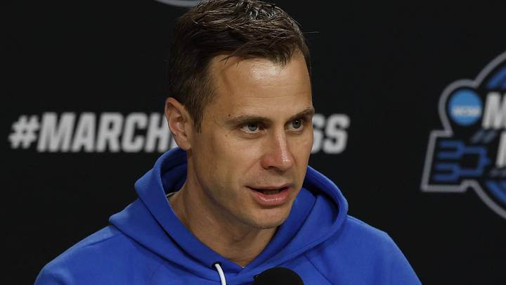 Mar 26, 2026; Washington, DC, USA; Duke Blue Devils head coach Jon Scheyer speaks with the media during a press conference ahead of the east regional of the men's 2026 NCAA Tournament at Capital One Arena. Mandatory Credit: Geoff Burke-Imagn Images