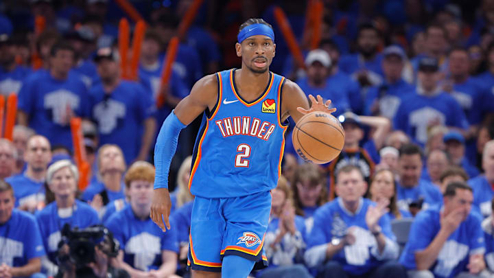May 18, 2025; Oklahoma City, Oklahoma, USA; Oklahoma City Thunder guard Shai Gilgeous-Alexander (2) dribbles the ball down the court against the Denver Nuggets in the second half during game seven of the second round for the 2025 NBA Playoffs at Paycom Center. Mandatory Credit: Alonzo Adams-Imagn Images May 18, 2025; Oklahoma City, Oklahoma, USA; Oklahoma City Thunder guard Shai Gilgeous-Alexander (2) dribbles the ball down the court against the Denver Nuggets in the second half during game seven of the second round for the 2025 NBA Playoffs at Paycom Center. Mandatory Credit: Alonzo Adams-Imagn Images