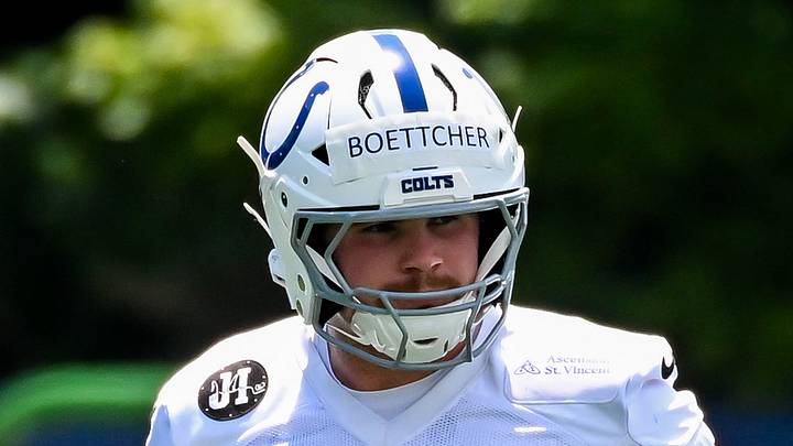 Indianapolis Colts linebacker Bryce Boettcher participates in a drill during minicamp