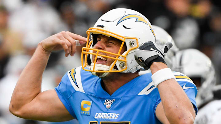Chargers quarterback Philip Rivers shows his frustration on a play call during the fourth quarter against the Raiders Chargers quarterback Philip Rivers shows his frustration on a play call during the fourth quarter against the Raiders