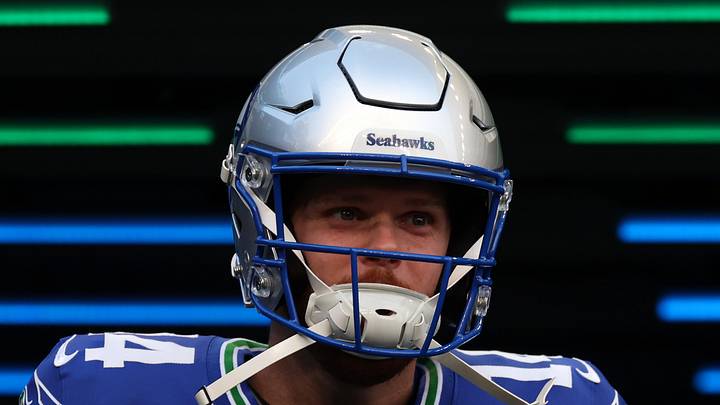 Seattle Seahawks quarterback Sam Darnold looks on during warmups