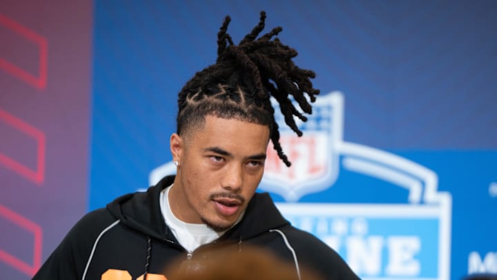 Feb 27, 2026; Indianapolis, IN, USA; Southern California wideout Makai Lemon (WO29) speaks to members of the media during the NFL Combine at the Indiana Convention Center. Mandatory Credit: Jacob Musselman-Imagn Images