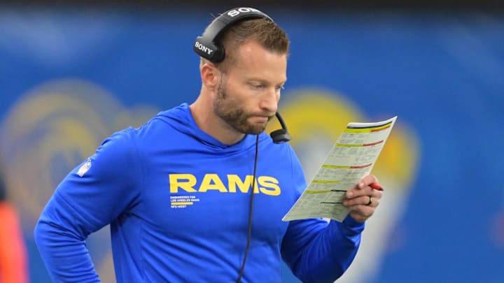 Jan 4, 2026; Inglewood, California, USA;  Los Angeles Rams head coach Sean McVay looks at his play sheet during the second half against the Arizona Cardinals at SoFi Stadium. Mandatory Credit: Jayne Kamin-Oncea-Imagn Images