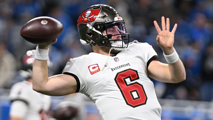 Jan 21, 2024; Detroit, Michigan, USA; Tampa Bay Buccaneers quarterback Baker Mayfield (6) warms up before a 2024 NFC divisional round game against the Detroit Lions at Ford Field. Mandatory Credit: Lon Horwedel-USA TODAY Sports