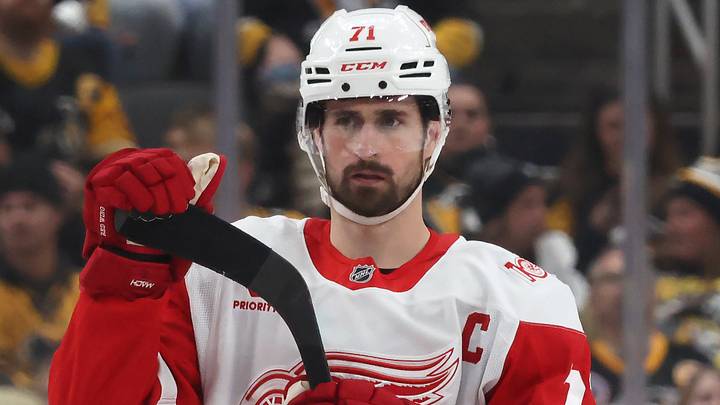 Jan 1, 2026; Pittsburgh, Pennsylvania, USA;  Detroit Red Wings center Dylan Larkin (71) looks on against the Pittsburgh Penguins during the third period at PPG Paints Arena. Mandatory Credit: Charles LeClaire-Imagn Images