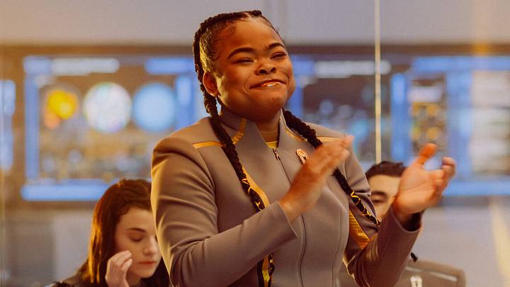 L-R: Zoë Steiner as Tarima, Kerrice Brooks as SAM, and Bella Shepard as Genesis in season 1, episode 8, of Star Trek: Starfleet Academy streaming on Paramount+. Photo Credit: Brooke Palmer/Paramount+