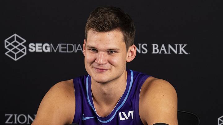 Sep 30, 2024; Salt Lake City, USA; Utah Jazz center Walker Kessler (24) talks to the media during media day at Zions Bank Basketball Campus. Mandatory Credit: Utah Jazz via Imagn Images