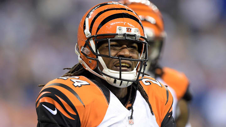 Jan 4, 2015; Indianapolis, IN, USA; Cincinnati Bengals cornerback Pacman Jones (Adam Jones) reacts during the 2014 AFC Wild Card playoff football game against the Indianapolis Colts at Lucas Oil Stadium. Mandatory Credit: Kirby Lee-Imagn Images