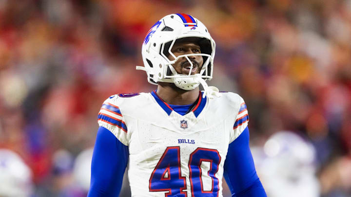 Buffalo Bills linebacker Von Miller stands on the field.
