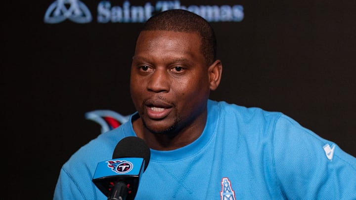 Tennessee Titans Defensive Coordinator Dennard Wilson, left, fields questions with Head Coach Brian Callahan at Ascension Saint Thomas Sports Park in Nashville, Tenn., Wednesday, Feb. 14, 2024. Tennessee Titans Defensive Coordinator Dennard Wilson, left, fields questions with Head Coach Brian Callahan at Ascension Saint Thomas Sports Park in Nashville, Tenn., Wednesday, Feb. 14, 2024.