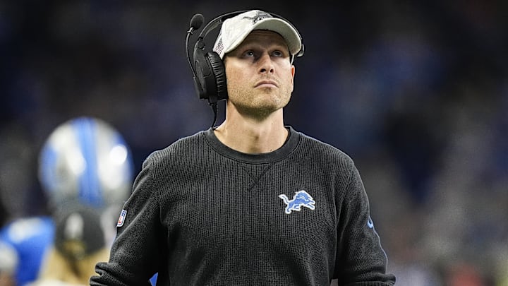 Nov 17, 2024; Detroit, MI, USA; Detroit Lions offensive coordinator Ben Johnson watches a replay against Jacksonville Jaguars during the second half at Ford Field in Detroit on Sunday, Nov. 17, 2024. Mandatory Credit: Junfu Han/USA TODAY Network via Imagn Images 