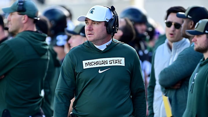 Nov 2, 2024; East Lansing, Michigan, USA;  Michigan State Spartans head coach Jonathan Smith looks over his sidelines during the first quarter against the Indiana Hoosiers at Spartan Stadium. Mandatory Credit: Dale Young-Imagn Images