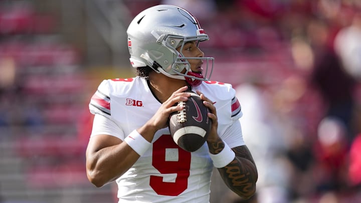 Oct 18, 2025; Madison, Wisconsin, USA;  Ohio State Buckeyes quarterback Tavien St. Clair (9) during warmups prior to the game against the Wisconsin Badgers at Camp Randall Stadium. Mandatory Credit: Jeff Hanisch-Imagn Images