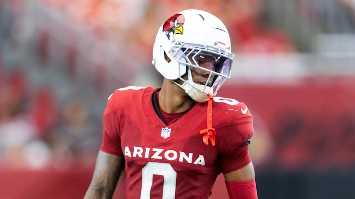 Aug 9, 2025; Glendale, Arizona, USA; Arizona Cardinals cornerback Will Johnson (0) against the Kansas City Chiefs during a preseason NFL game at State Farm Stadium. Mandatory Credit: Mark J. Rebilas-Imagn Images