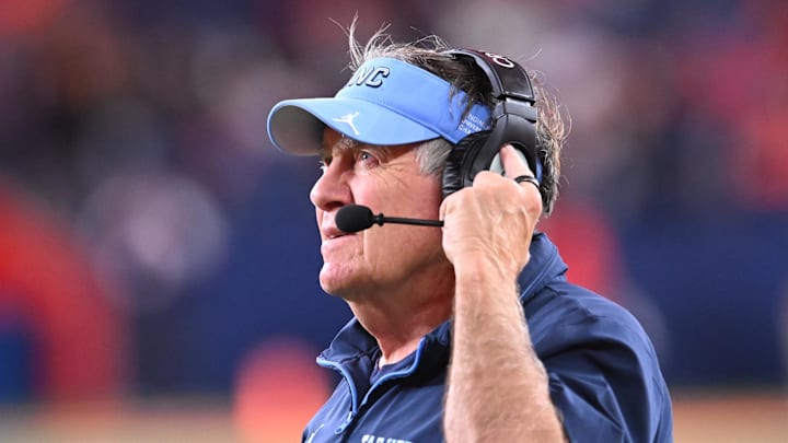 Oct 31, 2025; Syracuse, New York, USA; North Carolina Tar Heels head coach Bill Belichick looks to the clock in the fourth quarter game against the Syracuse Orange at the JMA Wireless Dome. Mandatory Credit: Mark Konezny-Imagn Images