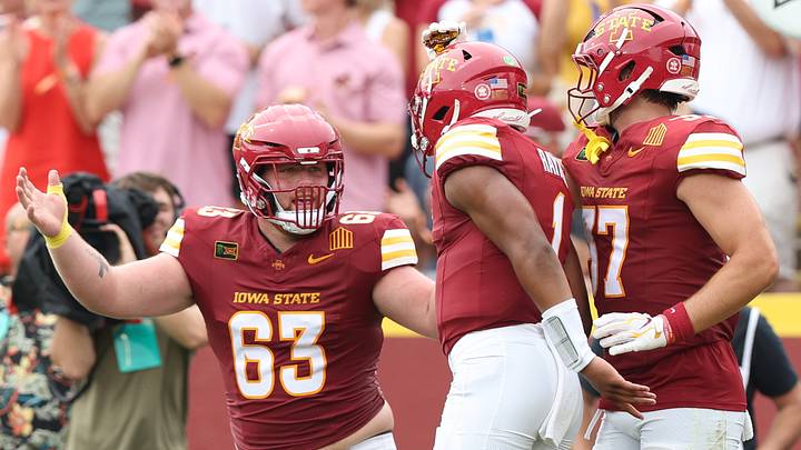 Sep 5, 2026; Ames, Iowa, USA; Iowa State Cyclones offensive lineman Braden Smith (63) celebrates with Iowa State Cyclones quarterback Jaylen Raynor (1) after the touchdown against the Southeast Missouri State Redhawks at Jack Trice Stadium. Mandatory Credit: Reese Strickland-Imagn Images Sep 5, 2026; Ames, Iowa, USA; Iowa State Cyclones offensive lineman Braden Smith (63) celebrates with Iowa State Cyclones quarterback Jaylen Raynor (1) after the touchdown against the Southeast Missouri State Redhawks at Jack Trice Stadium. Mandatory Credit: Reese Strickland-Imagn Images