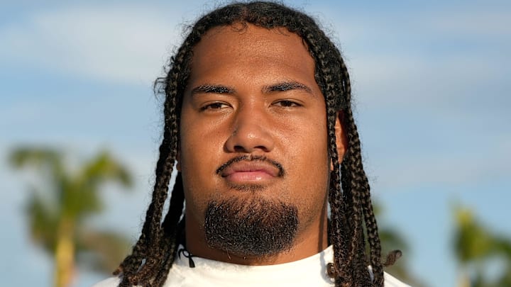 (#44) Keenyi Pepe, OL, 6'7, 330 pounds, for the white team, Class of 2026, during IMG's Academy Pro Day held at IMG's football field in Bradenton, FL on Thursday, Feb, 27, 2025.