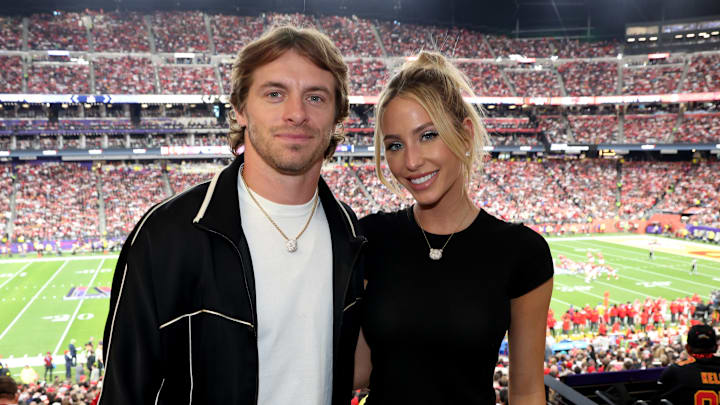 Braxton Berrios and Alix Earle attend the Super Bowl LVIII Pregame at Allegiant Stadium on February 11, 2024 