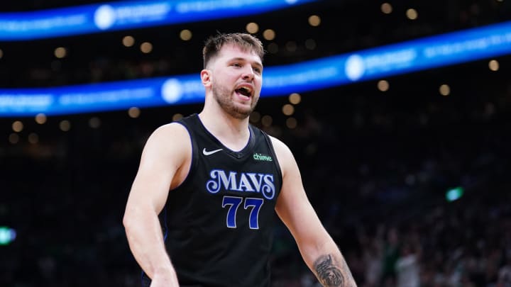 Jun 6, 2024; Boston, Massachusetts, USA; Dallas Mavericks guard Luka Doncic (77) reacts in the third quarter against the Boston Celtics during game one of the 2024 NBA Finals at TD Garden. Mandatory Credit: David Butler II-USA TODAY Sports Jun 6, 2024; Boston, Massachusetts, USA; Dallas Mavericks guard Luka Doncic (77) reacts in the third quarter against the Boston Celtics during game one of the 2024 NBA Finals at TD Garden. Mandatory Credit: David Butler II-USA TODAY Sports