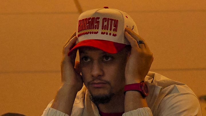 Dec 25, 2025; Kansas City, Missouri, USA; Patrick Mahomes watches the action from a suite during the third quarter at GEHA Field at Arrowhead Stadium. Mandatory Credit: Jay Biggerstaff-Imagn Images