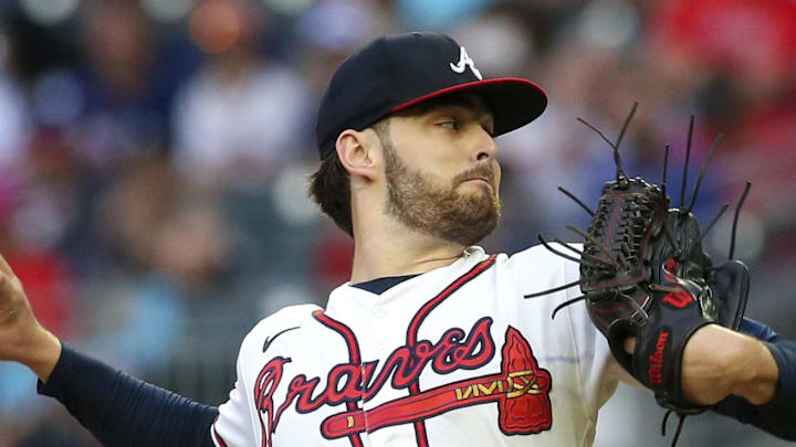 Jul 30, 2022; Atlanta, Georgia, USA; Atlanta Braves starting pitcher Ian Anderson (36) throws against the Arizona Diamondbacks in the first inning at Truist Park. Mandatory Credit: Brett Davis-Imagn Images
