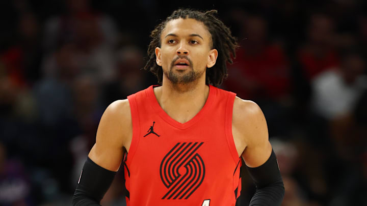 Feb 22, 2026; Phoenix, Arizona, USA; Portland Trail Blazers guard Matisse Thybulle (4) against the Phoenix Suns at Mortgage Matchup Center. Mandatory Credit: Mark J. Rebilas-Imagn Images